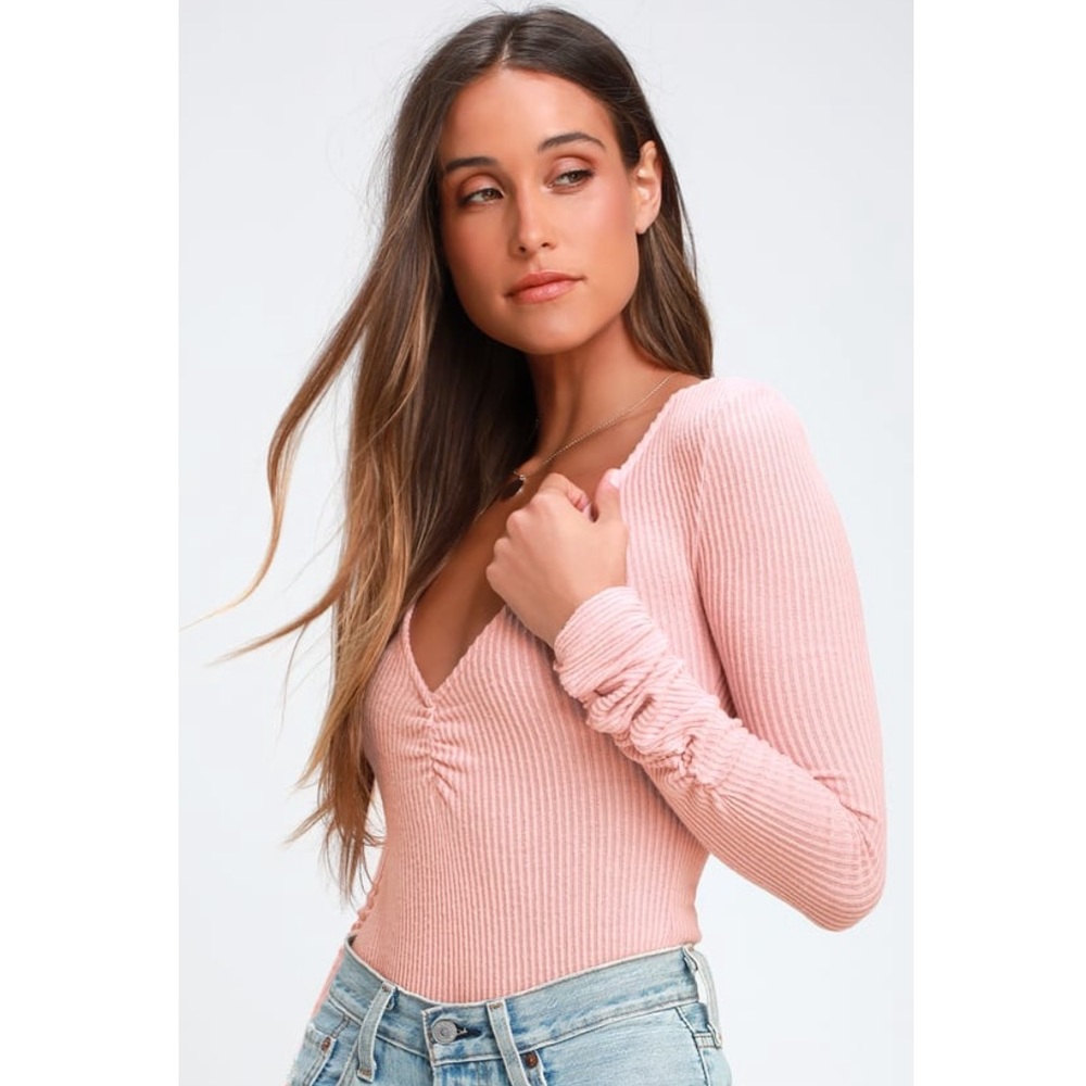 Free People Rose Pink Ribbed Long Sleeve Bodysuit